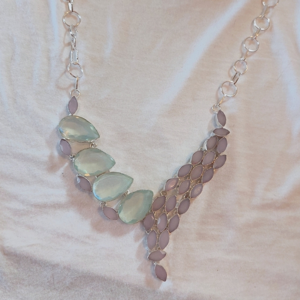 Pink/Lavender Necklace with Iridescent Aqua Stones